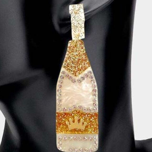 Champagne Bottle White Glittered Acetate Dangle Earrings - Picture 2 of 7